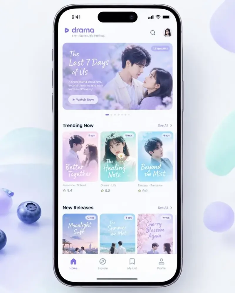 AI漫剧APP界面预览，展示梦幻薰衣草紫主题的追剧首页